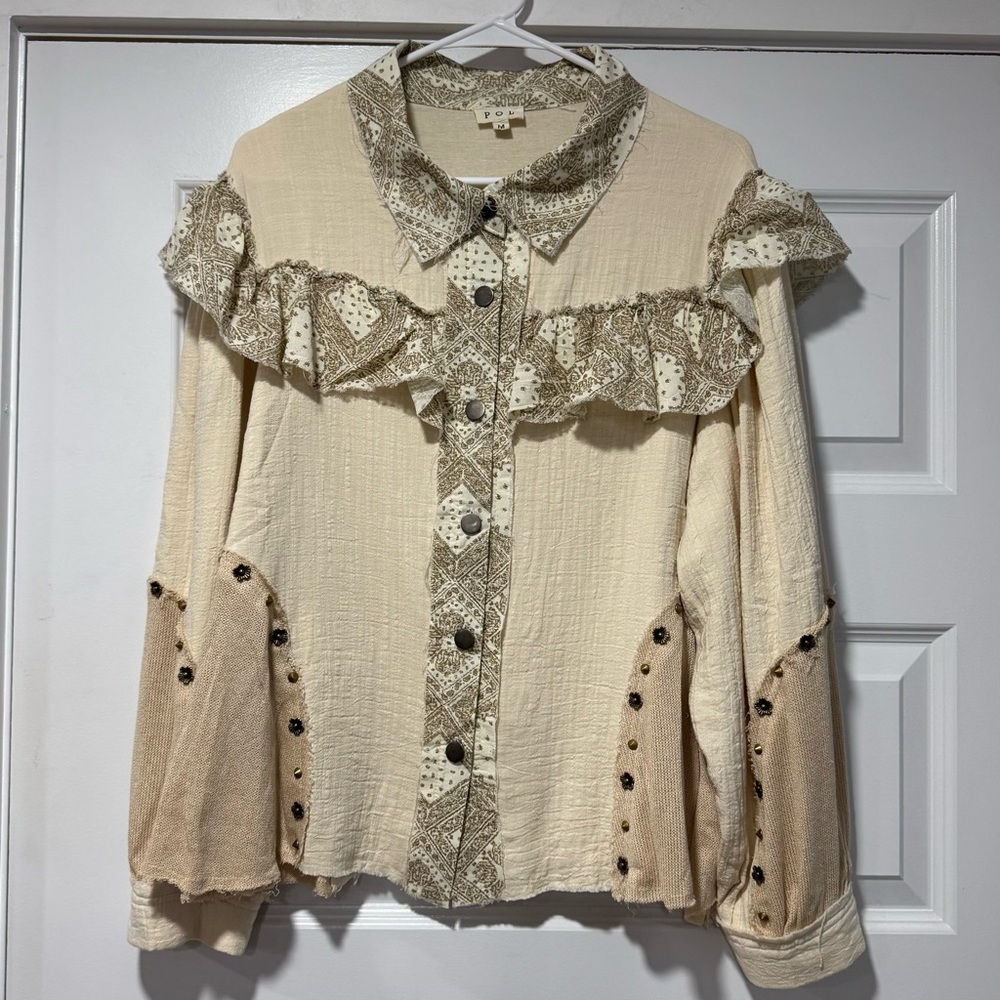 POL Cream Ruffle Sleeve BOHO Button-Front Top